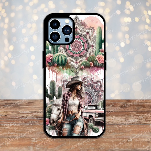 Pink and Green Cowgirl with Horse and Pick Up Truck Country/Western Digital Phone Case Design