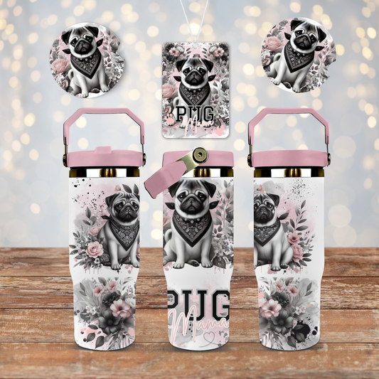 Pug Mama - Pink and Black - Set (Includes Car Coaster and Air Freshener Designs) - Digital 30oz Sublimation Tumbler Wrap