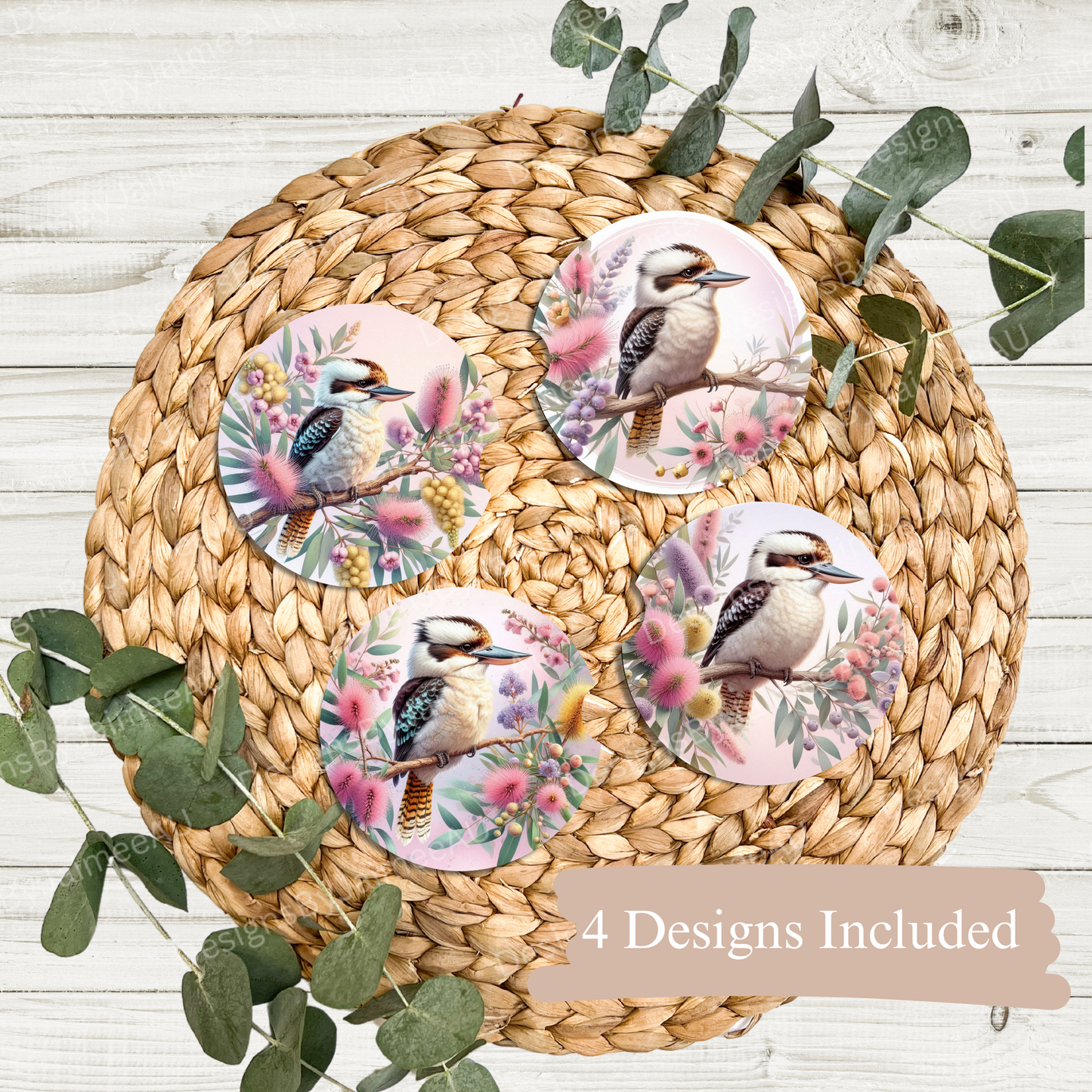 4 Pink Watercolour Kookaburra Digital Sublimation Car Coaster Designs