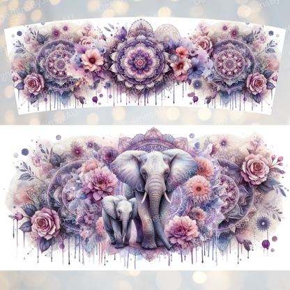 Purple Watercolour Floral Mama and Babies Elephants 40oz Digital Sublimation Tumbler Wrap