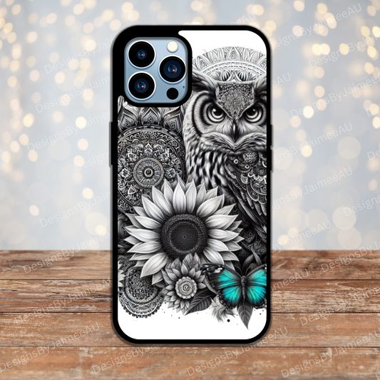 Black and White Owl With Pops Of Aqua Digital Phone Case Design
