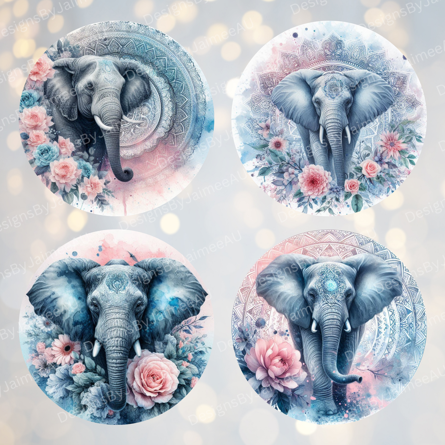 4 Watercolour Blue/Pink Elephant Digital Sublimation Car Coaster Designs