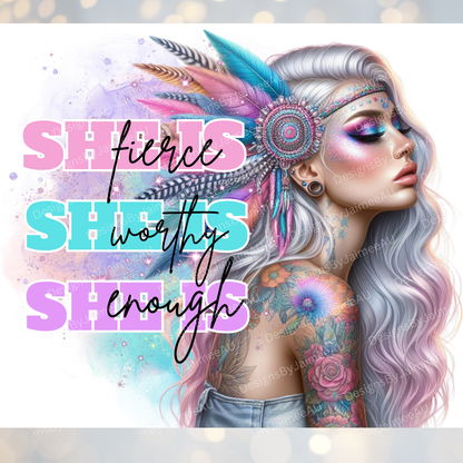 She Is "Fierce, Worthy, Enough" Pastel Digital 20oz Sublimation Tumbler Wrap