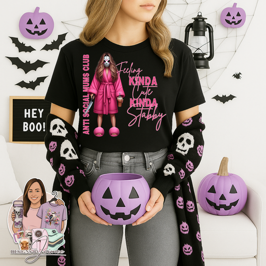 "Feeling Kinda Cute, Kinda Stabby" Antisocial MUMS/MOMS Club - Horror Movie Character Inspired Digital DTF Transfer PNG Image