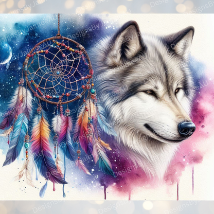 Aqua And Pinks Watercolour Wolf Dream Catcher Digital 20oz Sublimation Tumbler Wrap