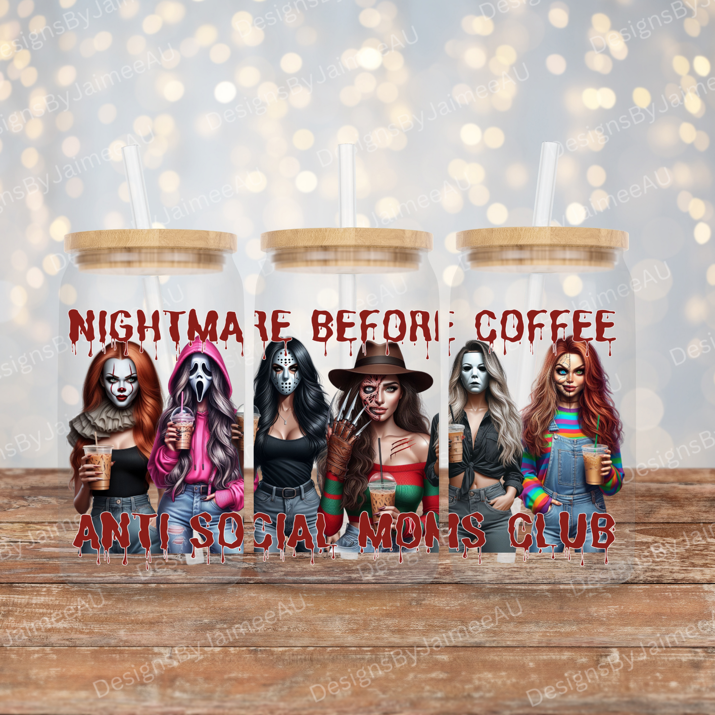 "Nightmare Before Coffee" - Antisocial MUMS/MOMS Club - Horror Movie Characters Inspired Digital 16oz UV DTF Transfer Wrap PNG Image