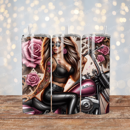 Pink Biker Chick, Roses, Harley Davidson, Leopard Print Digital 20oz Sublimation Tumbler Wrap