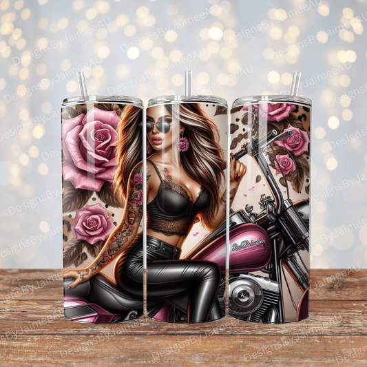 Pink Biker Chick, Roses, Harley Davidson, Leopard Print Digital 20oz Sublimation Tumbler Wrap