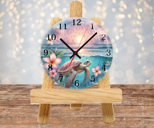 Pink and Aqua Sunset Turtles #2 Digital Sublimation Clock Design
