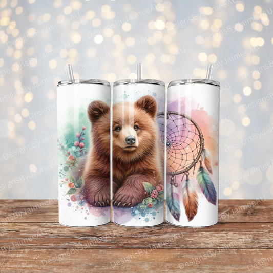 Pastel watercolour Baby Bear with Dream Catcher Digital 20oz Sublimation Tumbler Wrap