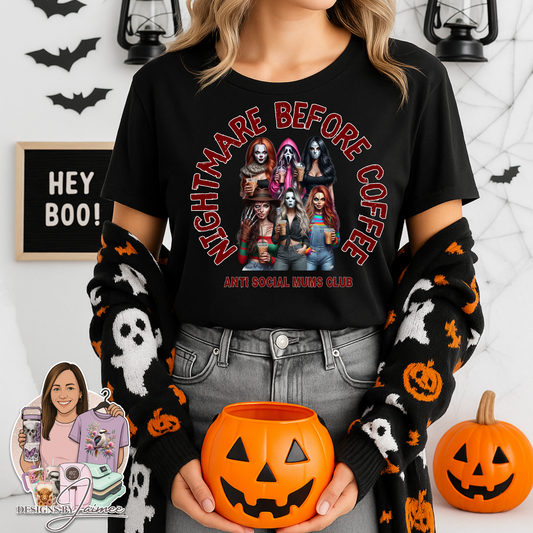 "Nightmare Before Coffee" Antisocial MUMS/MOMS Club - Horror Movie Character Inspired Digital DTF Transfer PNG Image