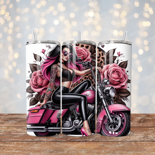 Leopard Print and Pink Roses, Biker Chick on a Pink Harley Davidson Digital 20oz Sublimation Tumbler Wrap