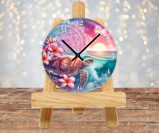 Pink and Aqua Sunset Turtles #3 Digital Sublimation Clock Design