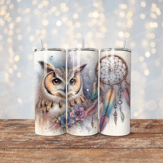 Moody Pastel Watercolour Owl, Florals and Dream Catcher Digital 20oz Sublimation Tumbler Wrap