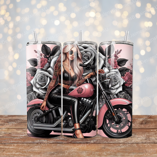 Biker Chick on A Pink Harley Davidson, black, Grey and Pink Roses Digital 20oz Sublimation Tumbler Wrap