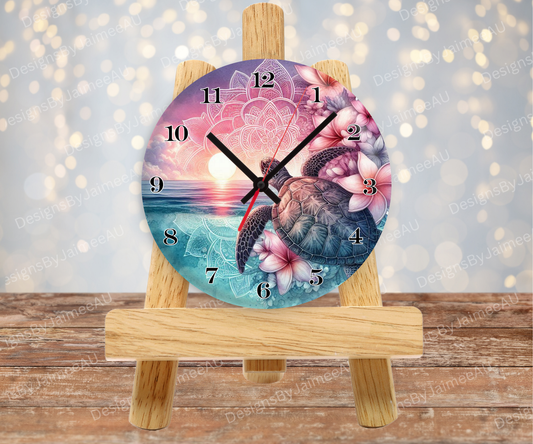 Pink and Aqua Sunset Turtles #5 Digital Sublimation Clock Design