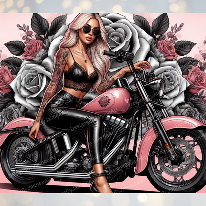 Biker Chick on A Pink Harley Davidson, black, Grey and Pink Roses Digital 20oz Sublimation Tumbler Wrap