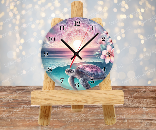 Pink and Aqua Sunset Turtles #4 Digital Sublimation Clock Design
