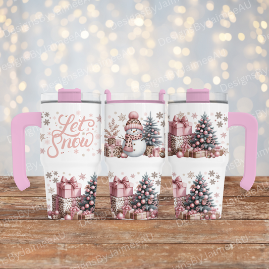Pink "Let It Snow" Leopard Print Christmas Snowman  - Digital 20oz Tumbler with Handle Wrap Design