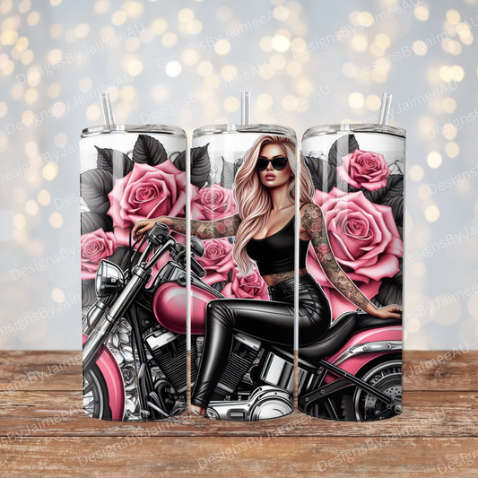 Hot Pink and Black Inked Biker Chick, Harley Davidson and Roses Digital 20oz Sublimation Tumbler Wrap