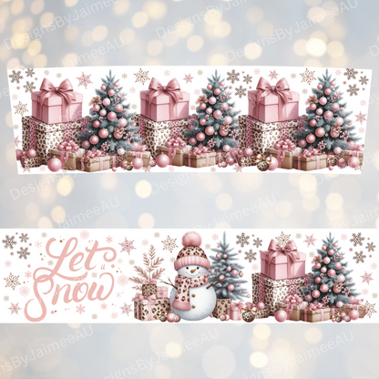 Pink "Let It Snow" Leopard Print Christmas Snowman  - Digital 20oz Tumbler with Handle Wrap Design