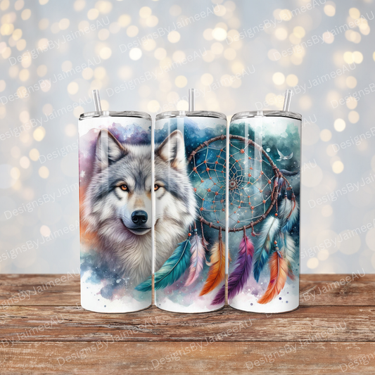 Wolf With WaterColour Background, Dream Catcher Digital 20oz Sublimation Tumbler Wrap