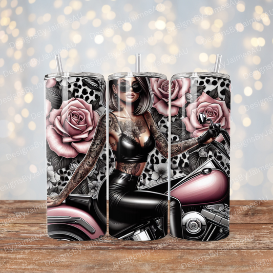 Inked Biker Chick, Baby Pink Roses and Harley Davidson, Black and White Leopard Print Digital 20oz Sublimation Tumbler Wrap