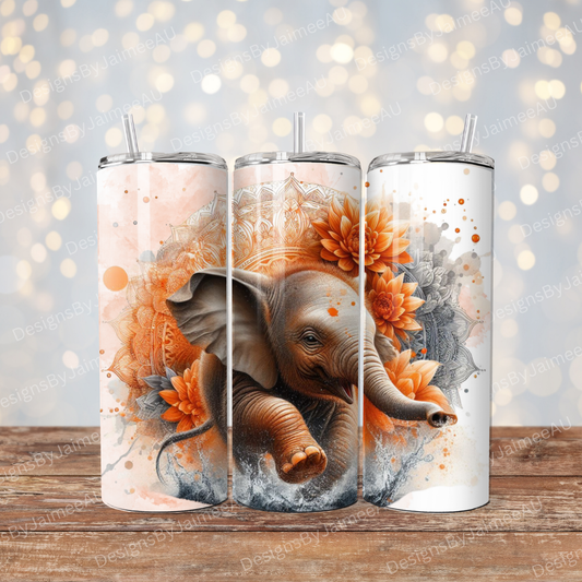 Orange WaterColour Baby Elephant Digital 20oz Sublimation Tumbler Wrap