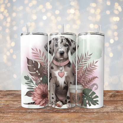 Merle Great Dane, Watercolour Dusty Pinks and Browns Tropical Vibe Digital 20oz Sublimation Tumbler Wrap