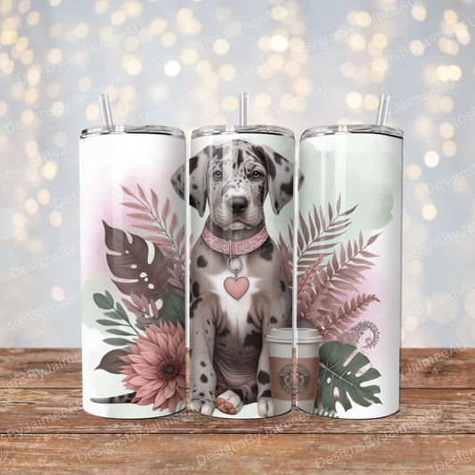 Merle Great Dane, Watercolour Dusty Pinks and Browns Tropical Vibe Digital 20oz Sublimation Tumbler Wrap