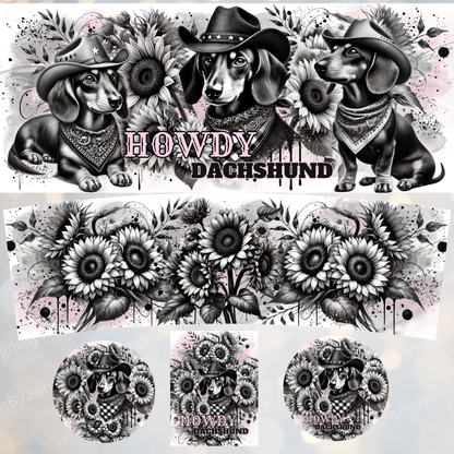Howdy Dachshund - Pink and Black - Set (Includes Car Coaster and Air Freshener Designs) - Digital 30oz Sublimation Tumbler Wrap
