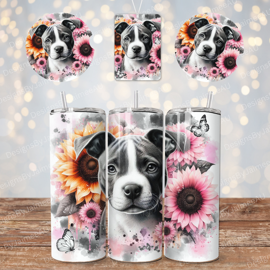Watercolour Staffy - Pink and Black Sunflowers Set - Includes Digital 20oz Sublimation Tumbler Wrap, Car Coaster and Air Freshener Designs