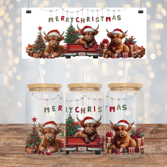 Vintage Christmas Highland Cow 16oz UV DTF Transfer Wrap PNG Image