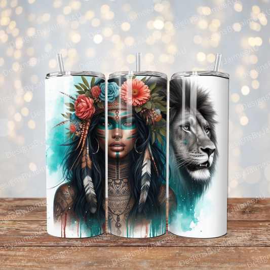 Turquoise Warrior Woman, Lion and Flower Crown Digital 20oz Sublimation Tumbler Wrap