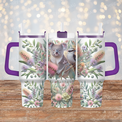 Koala and Kookaburra with Pastel Purple Australian Native Flowers 40oz Digital Sublimation Tumbler Wrap