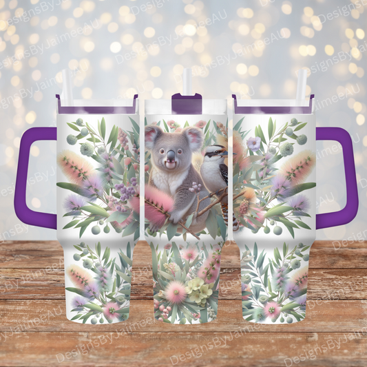 Koala and Kookaburra with Pastel Purple Australian Native Flowers 40oz Digital Sublimation Tumbler Wrap