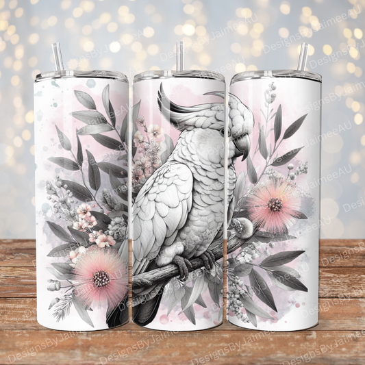 Black and White Cockatoo - Pastel pink themed - Digital 20oz Sublimation Tumbler Wrap
