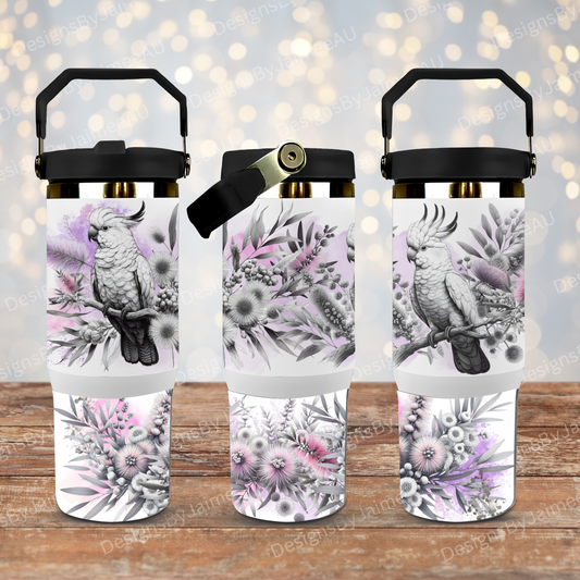 Black and White Cockatoo and Australian Natives, Pops of Purple- Digital 30oz Sublimation Tumbler Wrap