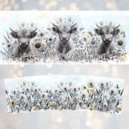 Wildflowers, Wanderlust and Highland Cows- Black and White Digital 30oz Sublimation Tumbler Wrap