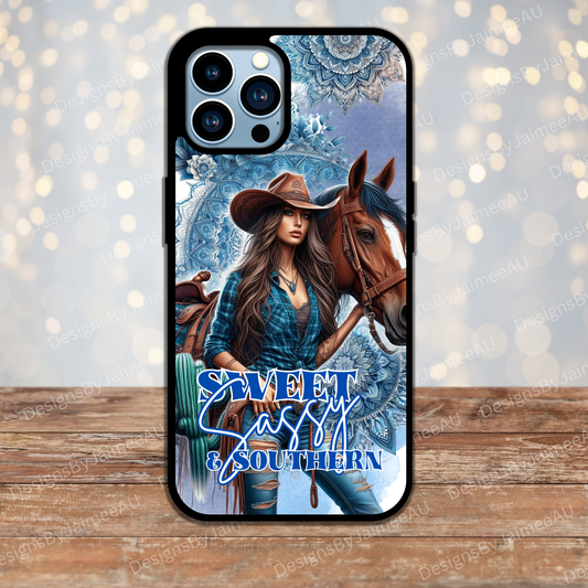Navy Blue Cowgirl with Horse Country/Western Digital Phone Case Design