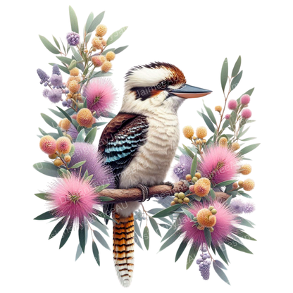 Pastel Magpie and Australian Native Flowers Digital DTF Transfer PNG Image