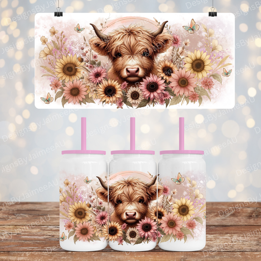 Pink Watercolour Highland Cow and Sunflowers - Digital 16oz Sublimation Design