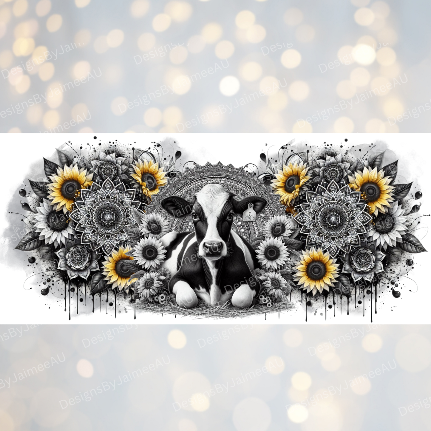 Black and White Cow with Pops of Yellow, Mandala and Sunflowers Digital Download 16oz UV DTF Transfer Wrap PNG Image