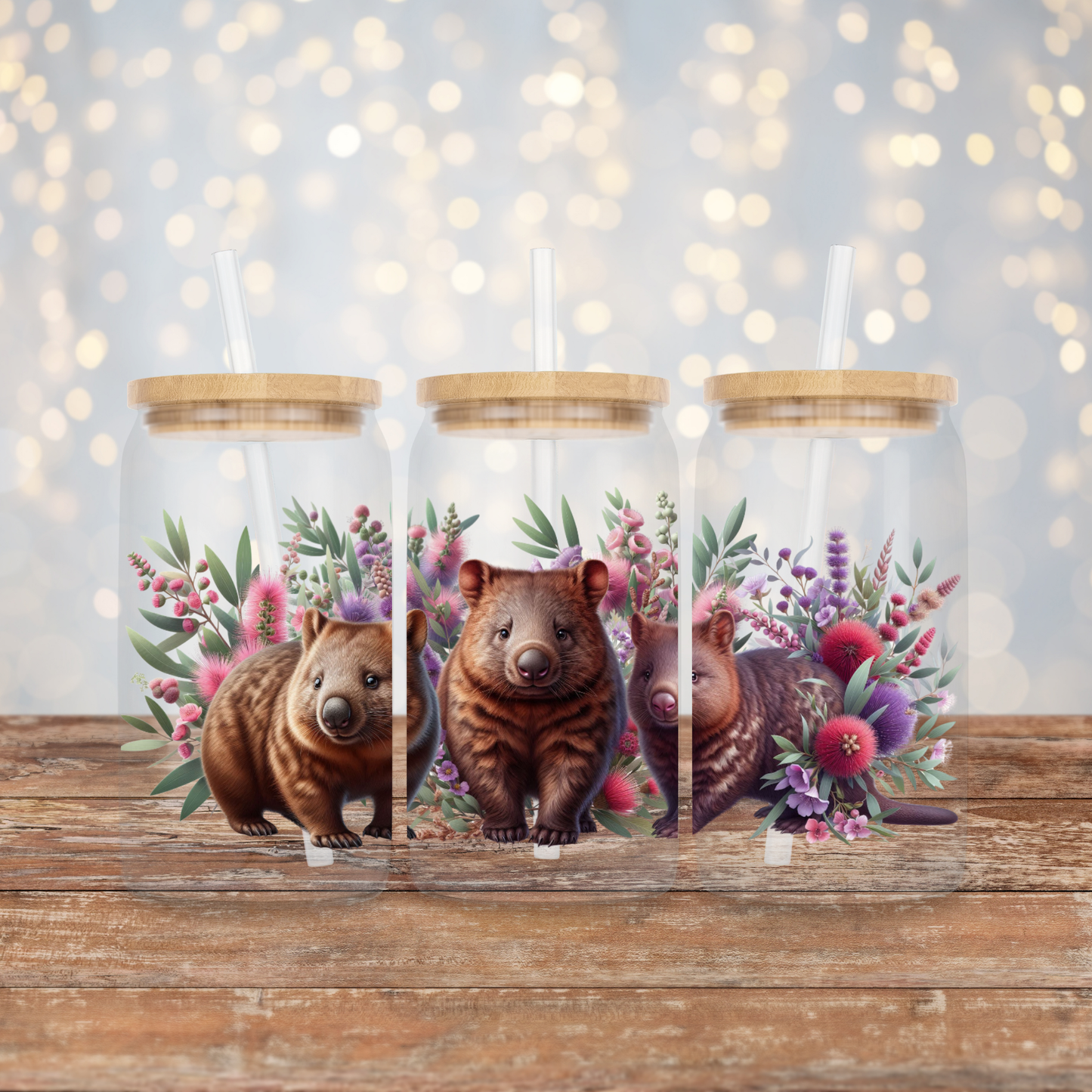 Wombats with Purple Aussie Native Flowers #2 Digital Download 16oz UV DTF Transfer Wrap PNG Image