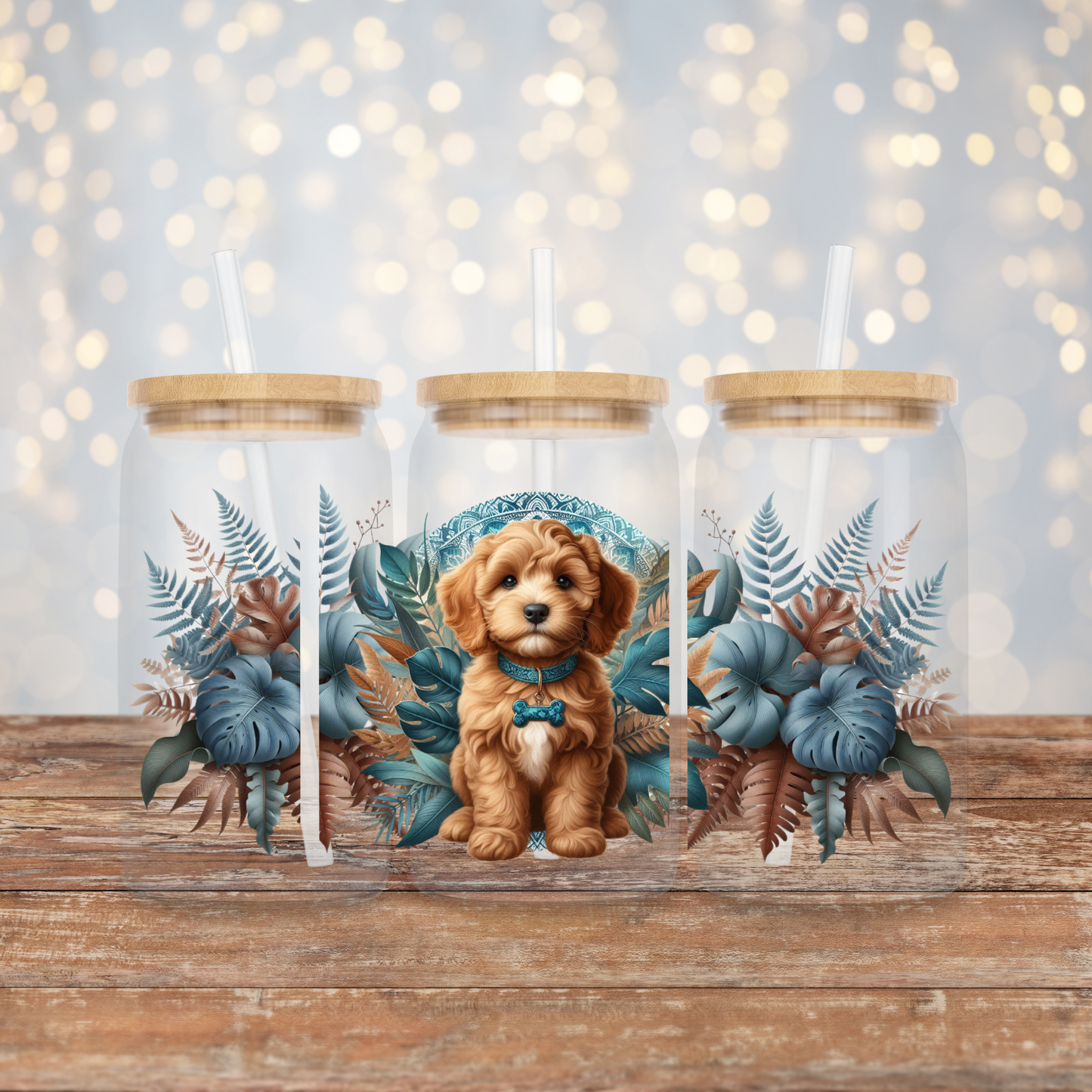 Teal Earthy Tropical Vibes - Cavoodle Puppy Digital Download 16oz UV DTF Transfer Wrap PNG Image