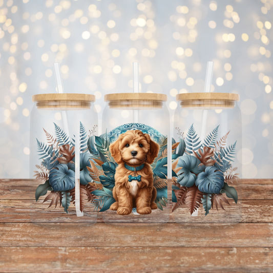 Teal Earthy Tropical Vibes - Cavoodle Puppy Digital Download 16oz UV DTF Transfer Wrap PNG Image