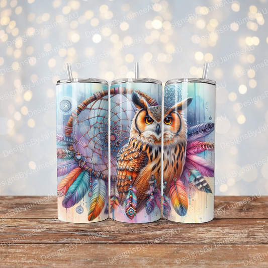 Vibrant Watercolour Dream Catcher and Owl Digital 20oz Sublimation Tumbler Wrap