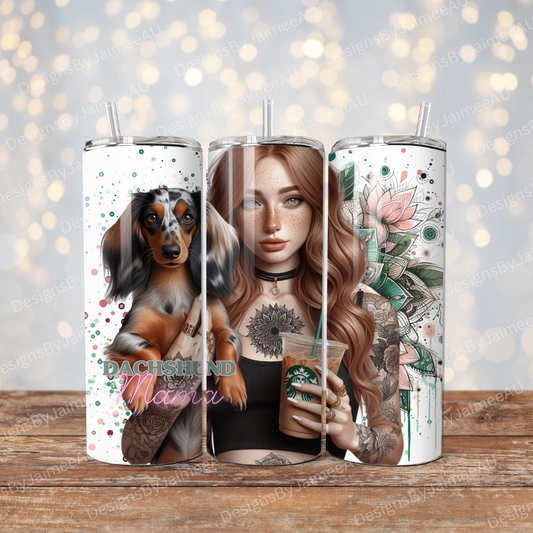 Red haired Dachshund Mama, Iced Coffee Digital 20oz Sublimation Tumbler Wrap