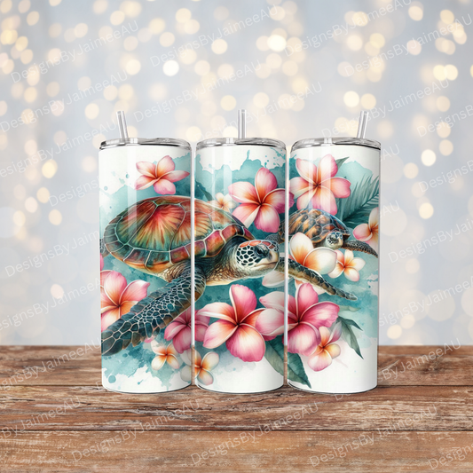 Tropical Turtles, Watercolours and Frangipanis Digital 20oz Sublimation Tumbler Wrap