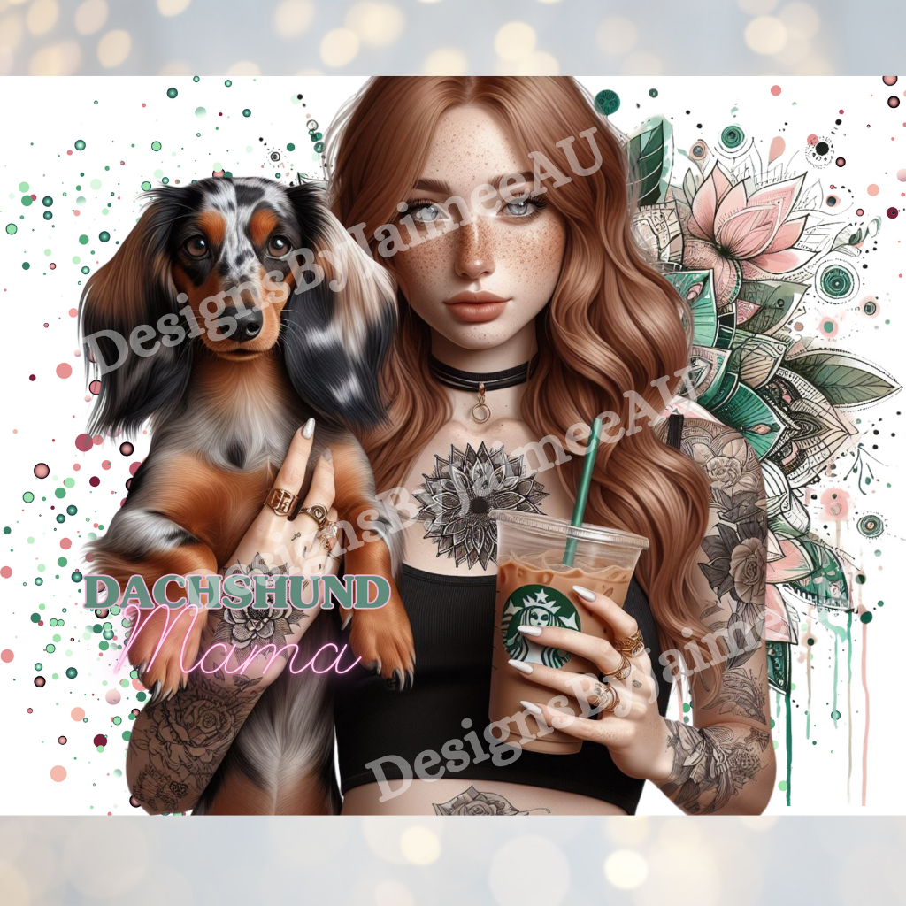 Red haired Dachshund Mama, Iced Coffee Digital 20oz Sublimation Tumbler Wrap
